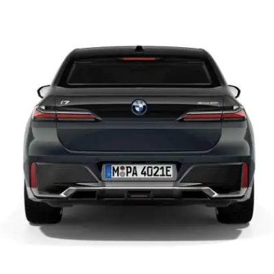 The back of a black BMW i7 xDrive60 luxury electric sedan